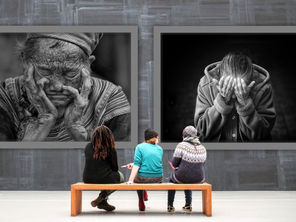 two large realism paintings in monochrome