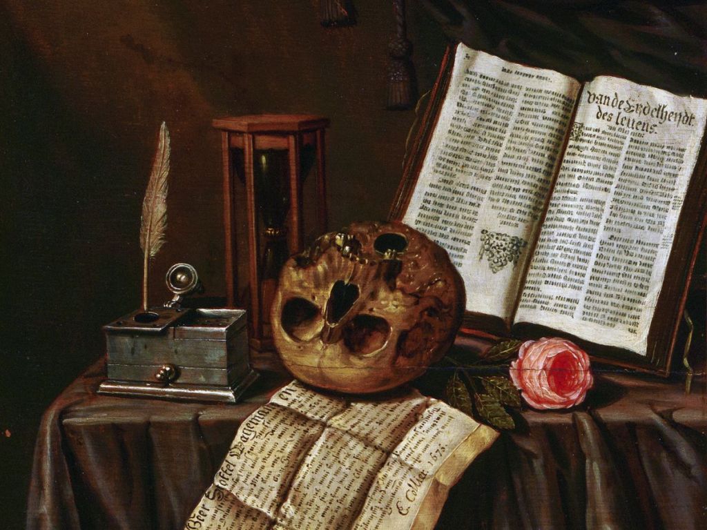 still life of an hourglass, open book