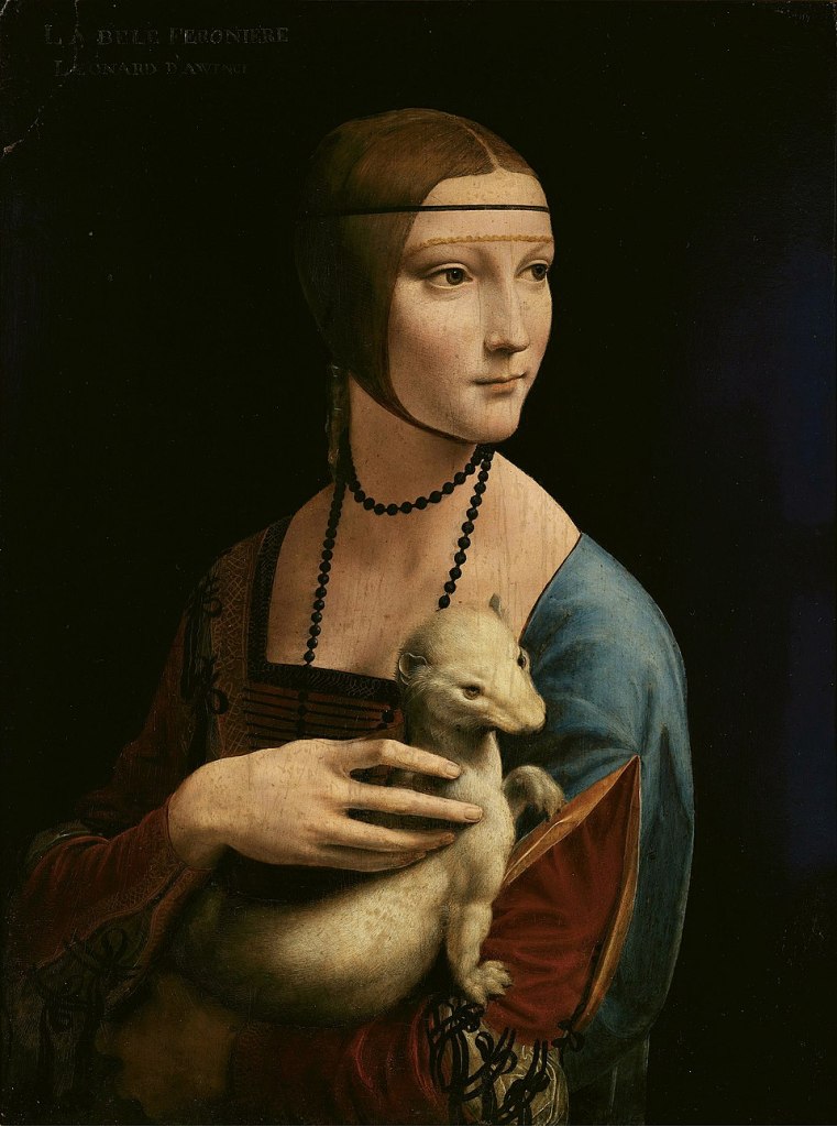 The Lady with an Ermine, oil and tempera on panel by Leonardo da Vinci, circa 1490, 54.8 cm x 40.3 cm (21.5 in x 15.8 in); National Museum in Kraków, Poland.